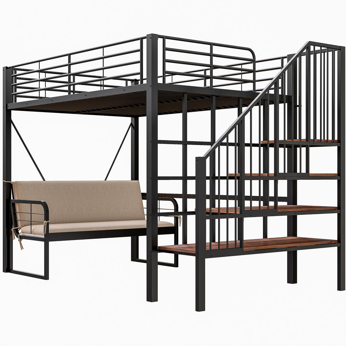 ETAGENBETT 140/200 cm mit abnehmbarem Polstersofa, Stauraumtreppe und Metallrahmen, Schwarz - Schwarz, Holzwerkstoff (140/200cm) - Redom