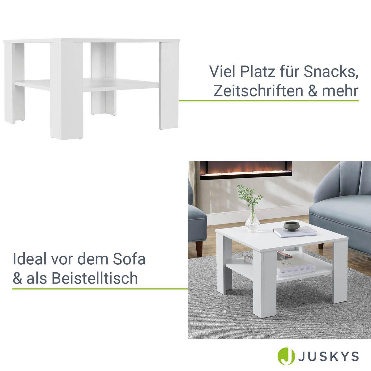 COUCHTISCH mit Ablage 60x60x40 cm weiß - Weiß, Holz (60/60/40cm) - Juskys