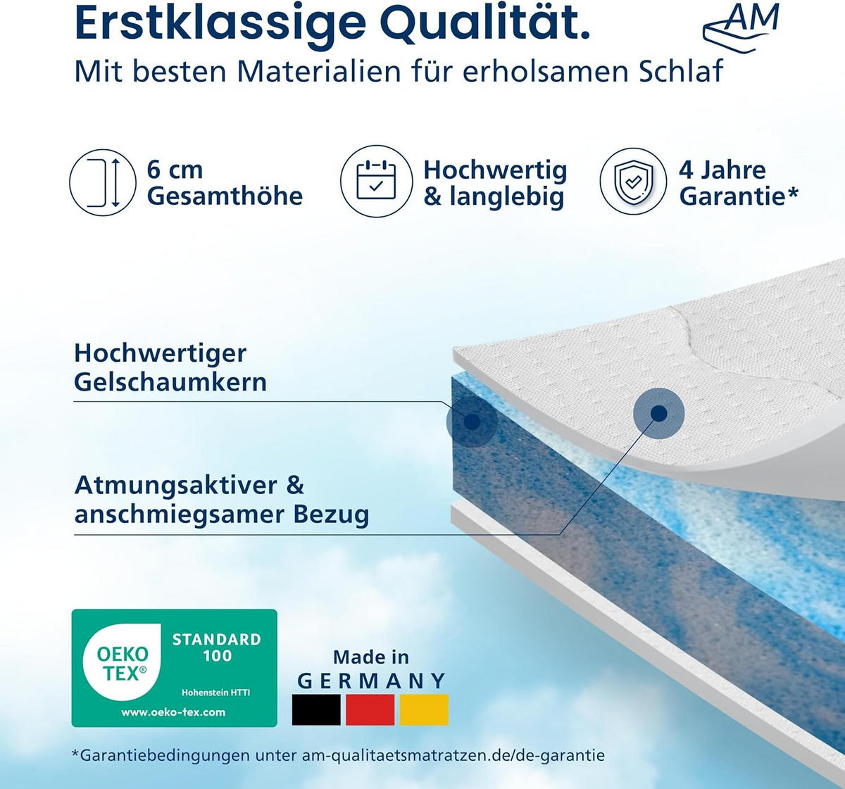 DĚLENÁ VRCHNÍ DESKA Gelová pěna 160/200 cm - výška 6 cm - bílá, textil (160/200cm) - AM Qualitätsmatratzen