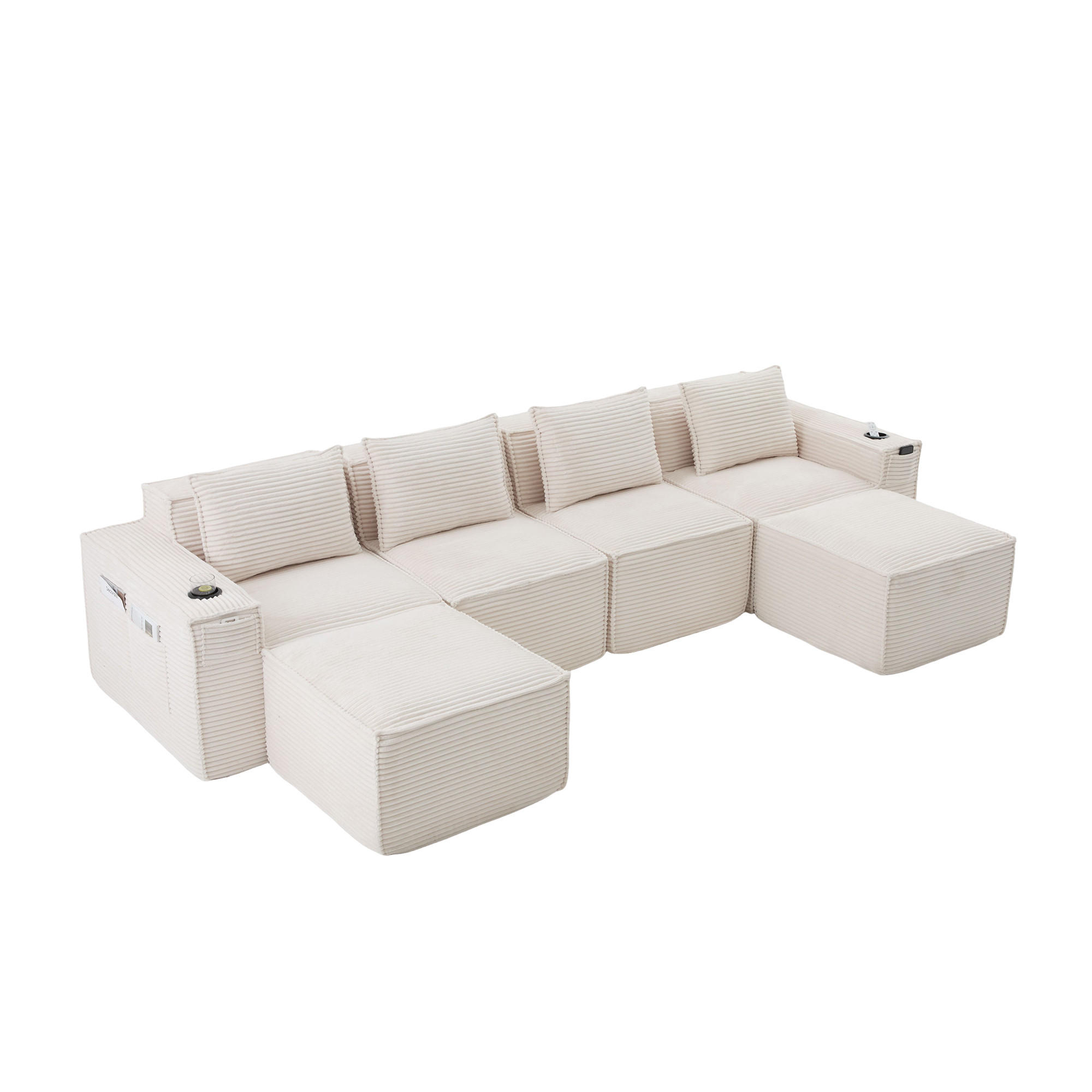 WOHNLANDSCHAFT 330/162/75 cm Beige mit 2 Fußhocker, Getränkehalter und Seitentaschen - Beige, Textil (330/75/162cm) - Oxeza