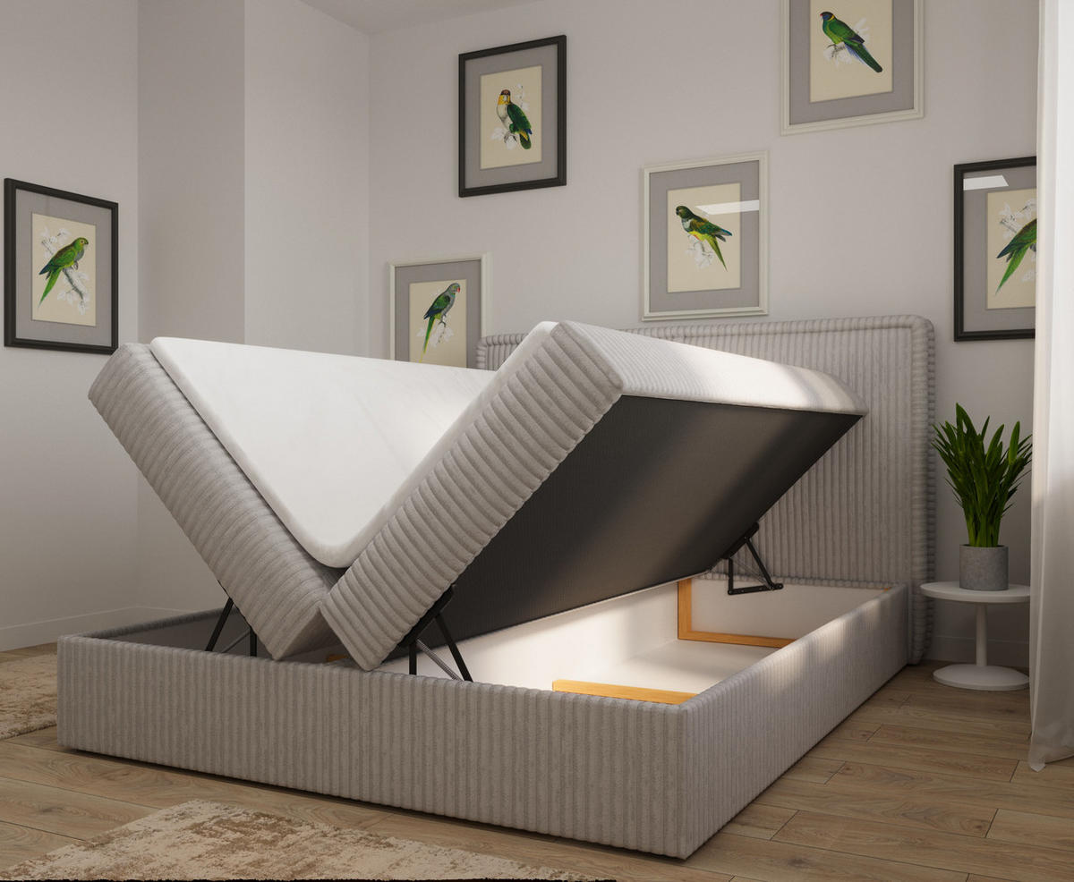 BOXBETT 04 180 x 200 cm - Ambience – Modernes Polsterbett mit Bettkasten, Topper und gepolstertem Kopfteil, Stoffbezug, Stauraumbett - Hellgrau, Holz (180/200cm) - ROYAL24_MARKT