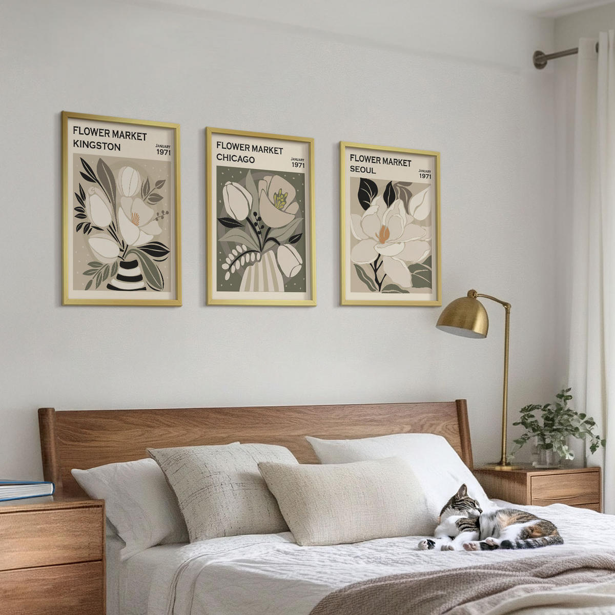 WANDBILDER 3er Set - 40x60 cm Goldrahmen - Blumen Kingston Seoul Chicago Retro - Goldfarben, Kunststoff (40/60cm) - ArtPrintCave