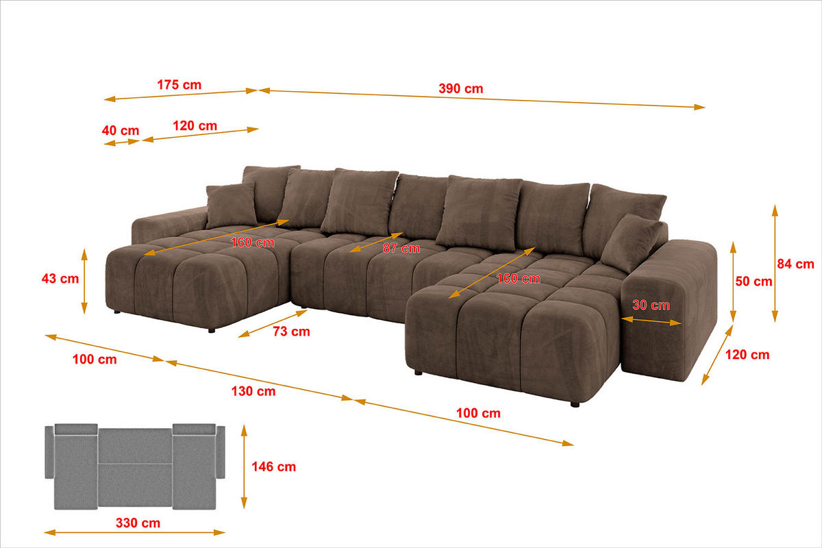WOHNLANDSCHAFT ENIL-U 390x175x84 Braun Velours - Braun, Holzwerkstoff/Kunststoff (390/84/175cm) - ALTDECOR