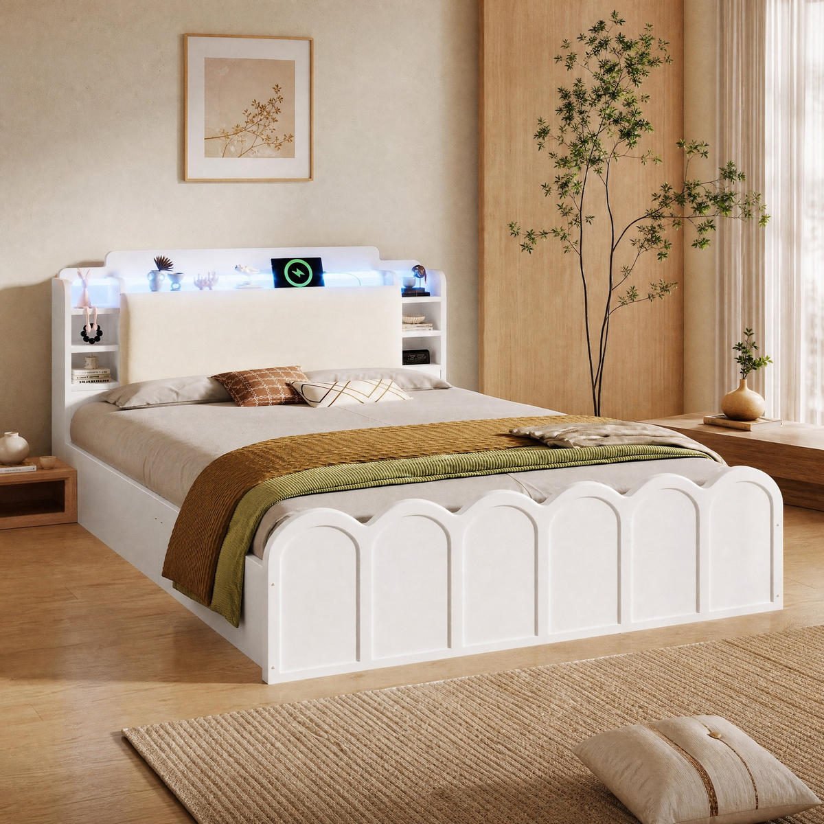 JUGENDBETT 140/200 mit Bettkasten, LED und USB-C in Weiß - Weiß, Holzwerkstoff/Textil (140/200cm) - EVRYAE