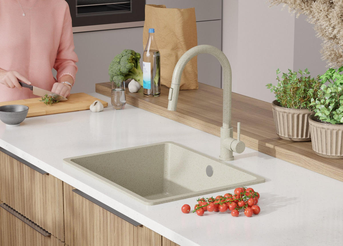 SPÜLBECKEN Venedig Slim Easy, 2-er set Beige 56/44 cm 1 Becken + Ablauf-Set ab 60er Unterschrank - Chromfarben/Beige, Kunststoff (56/20/44cm) - Primagran