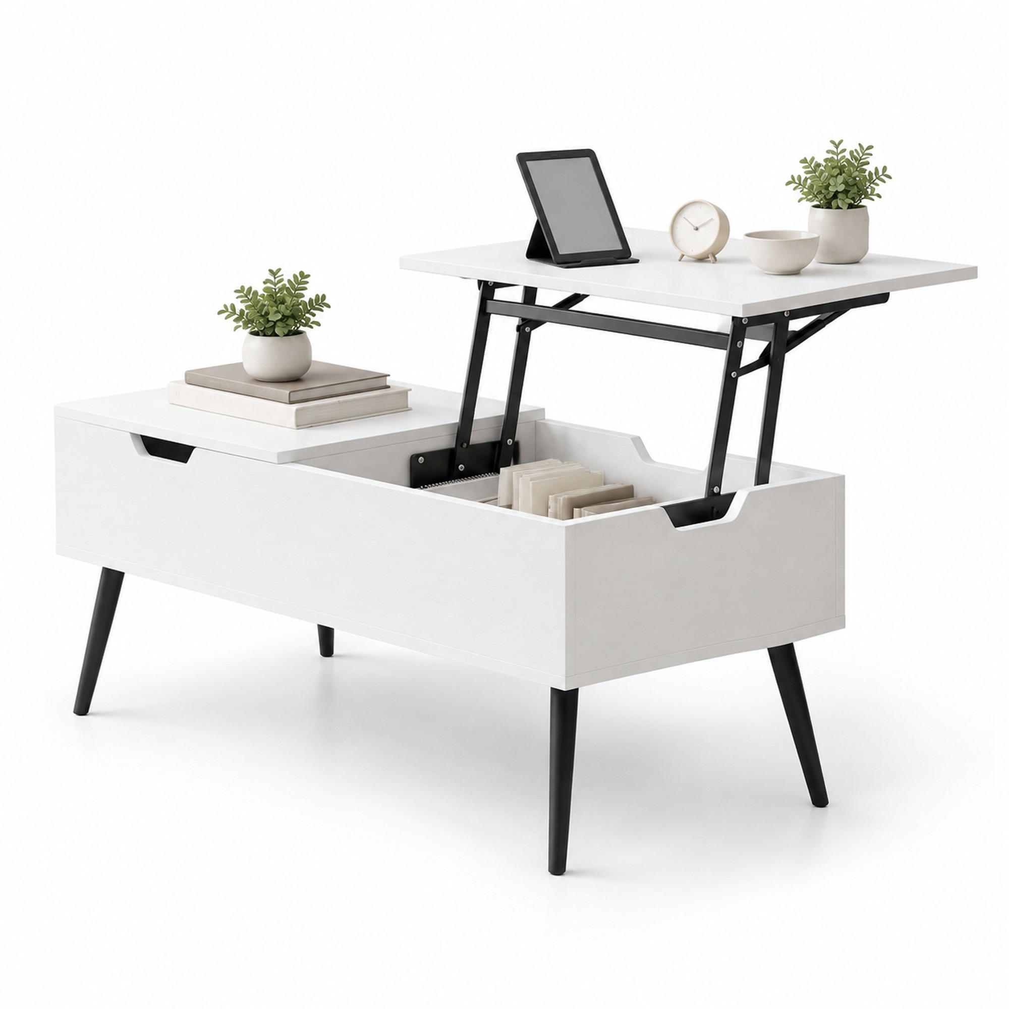 COUCHTISCH aus Spanplatte 100x50x58 cm Weiß höhenverstellbar mit verborgenem Stauraum - Weiß, Holz (100/50/58cm) - IVMEU