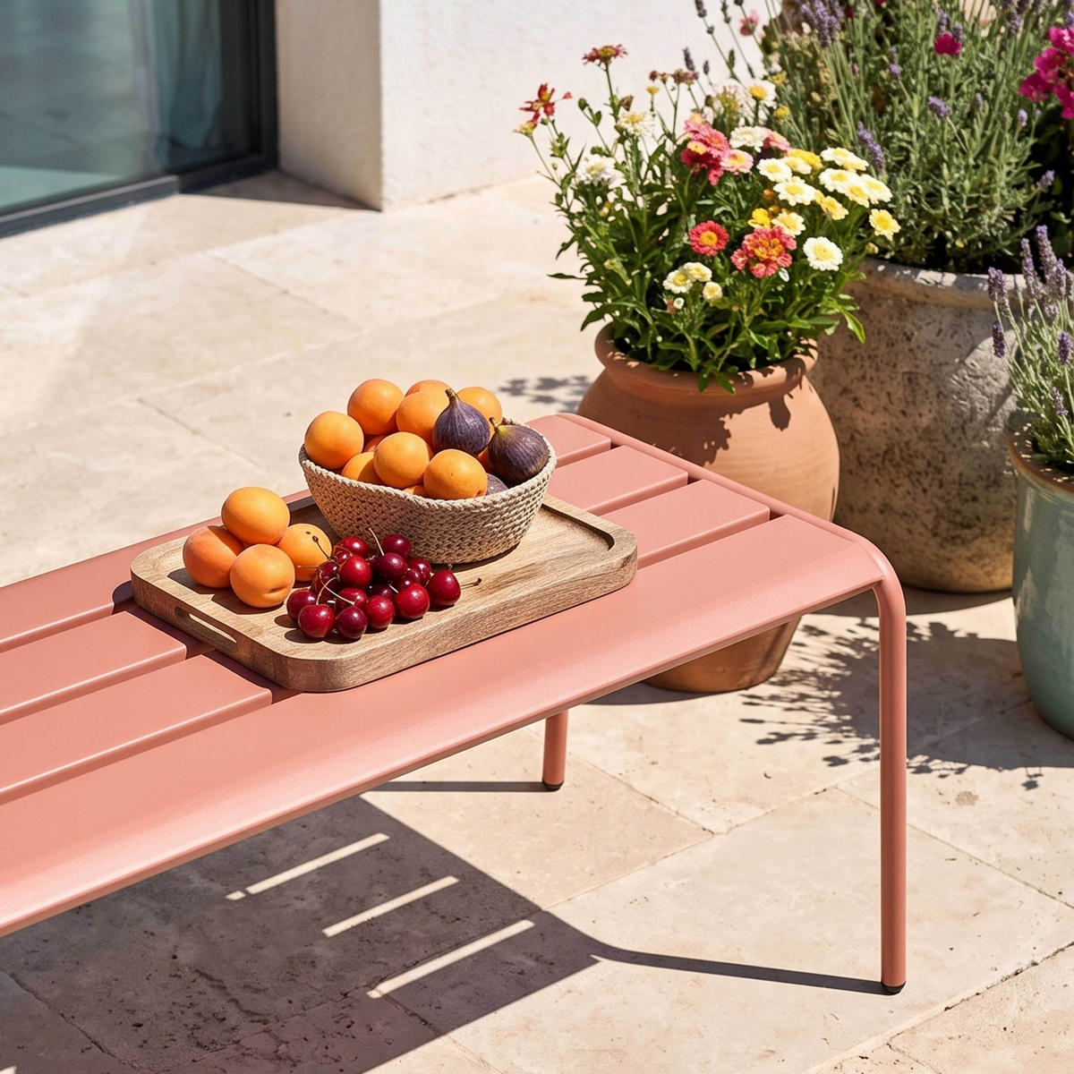 GARTENBANK, Lehm - Pink, Metall (52/46/120cm) - Oviala