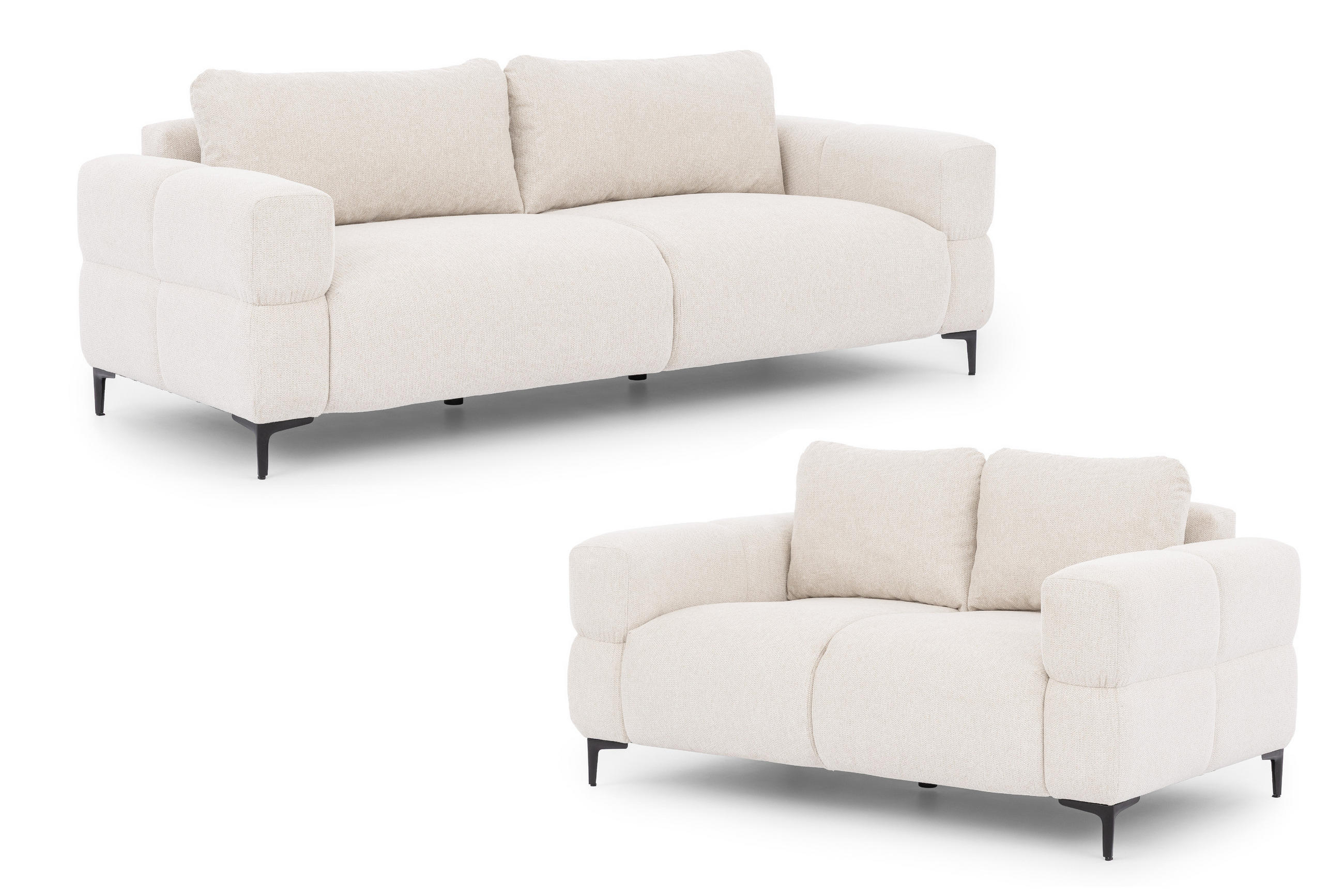 SITZGARNITUR 3+2 Cardea in Bubble-Optik aus weichem Creme Strukturstoff mit hohem Sitzkomfort - Creme/Schwarz, Holz/Textil (217/80/97cm) - S-Style Möbel