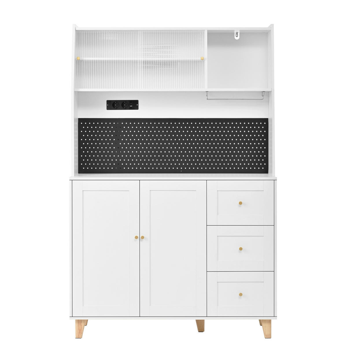 BUFFETSCHRANK 120/40/184 cm mit Steckdosen, USB-C, Lochplatte, Glashalter und 3 Schubladen, Weiß - Weiß, Holzwerkstoff (120/184/40cm) - Redom