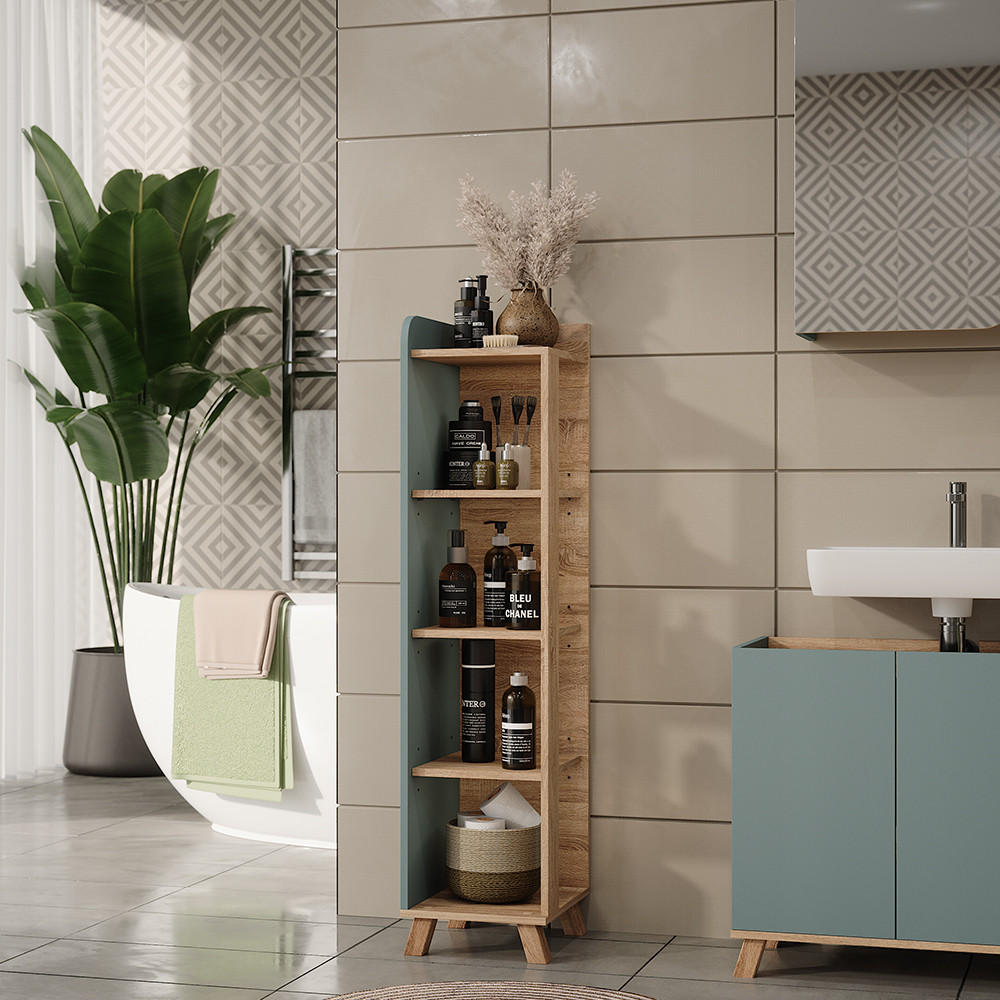 Thumbnail - Vicco Badregal, Sonoma Eiche, Dunkelblau, Holzwerkstoff, 4 Fächer, Rechteckig, 30x128x35 cm, Badezimmer, Badezimmerschrä...