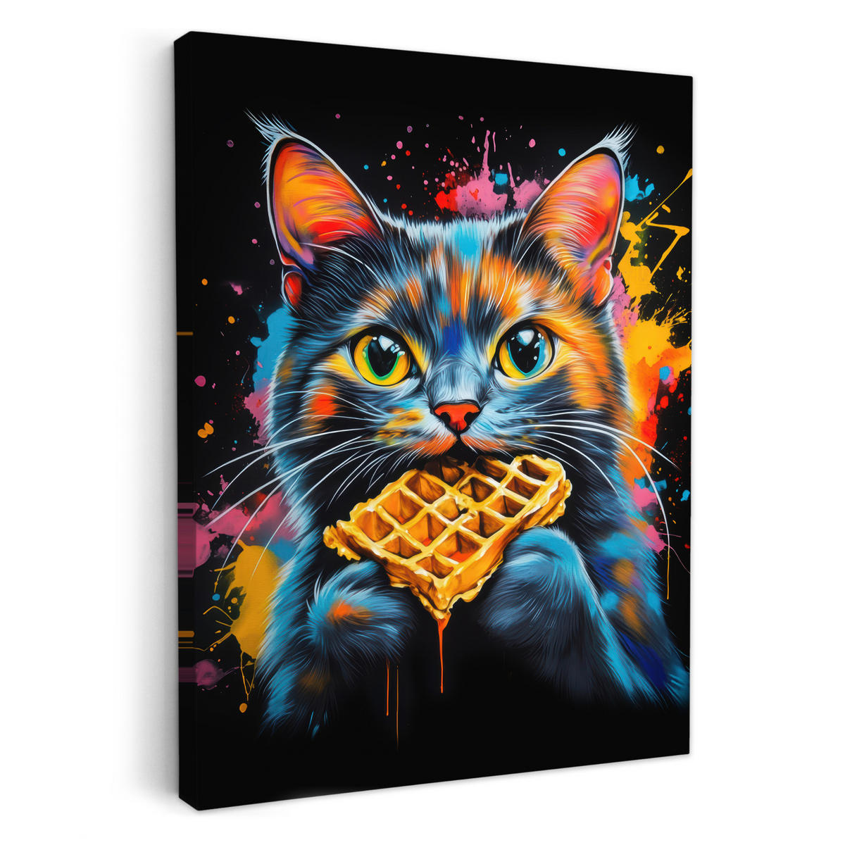LEINWANDBILD Katze - Graffiti - Bunt - Waffel - Essen 60x80 cm - Türkis, Textil (60/80cm) - MuchoWow