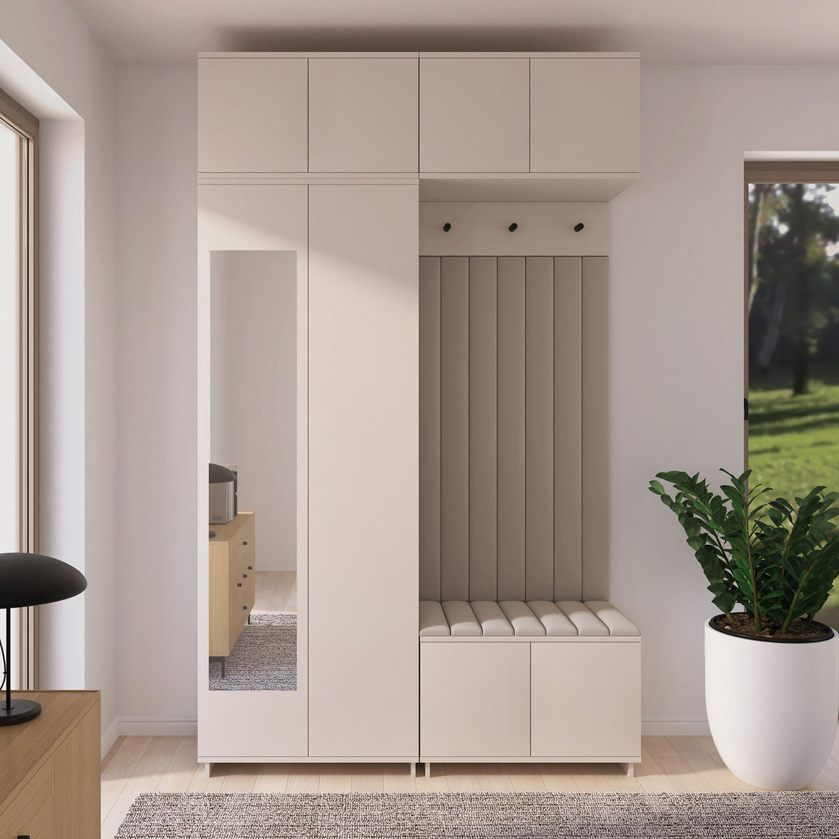 GARDEROBE Napoli version 11 mit Spiegel, mit POLSTERPANEELEN BEIGE - Beige/Creme, Holzwerkstoff (140/229/40cm) - Jerpax