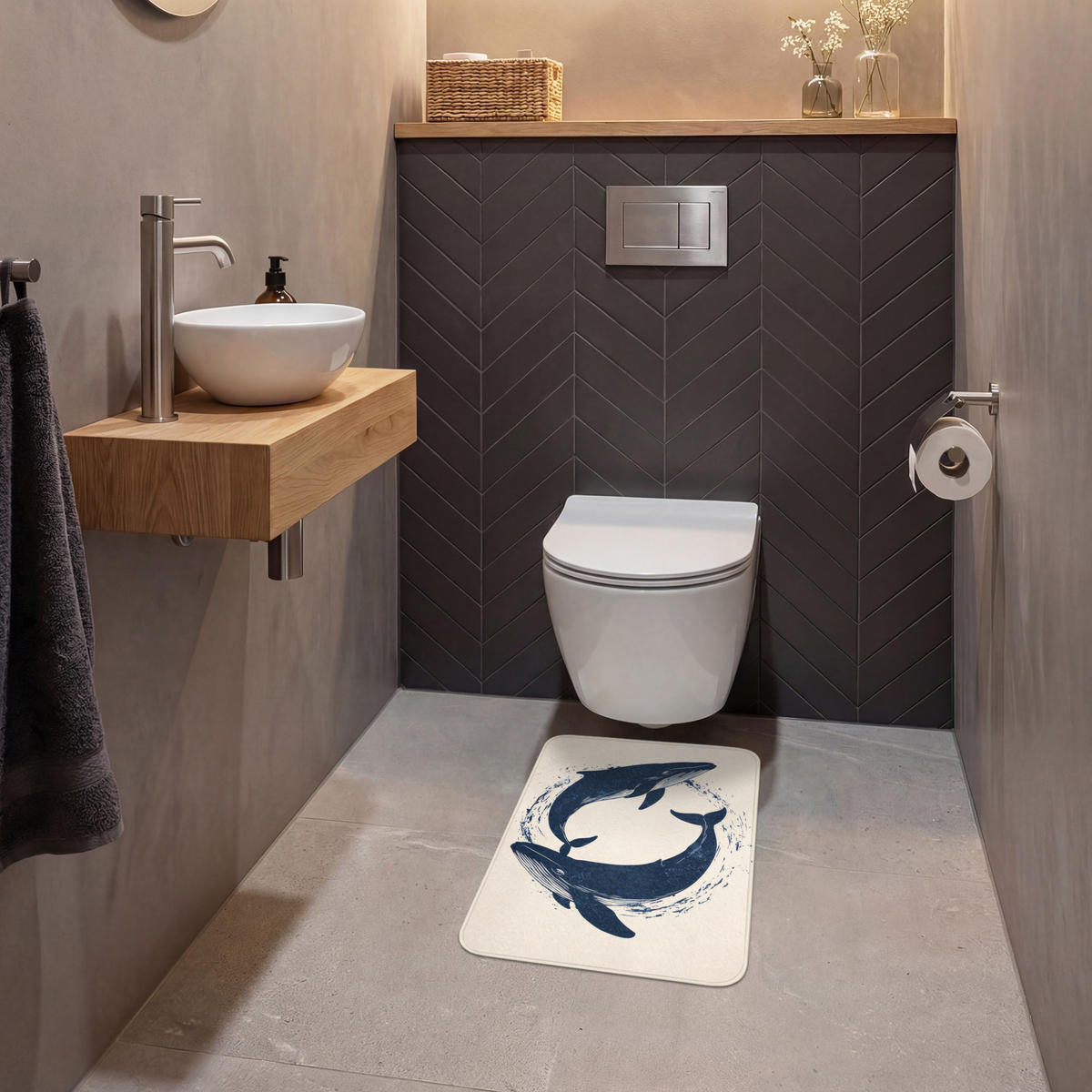 WC PŘEDLOŽKA Velryby - Stříkance - Kruh - Tmavě modrá 40x60 cm - tmavě modrá, textil/plast (40/1cm) - OnlyWow