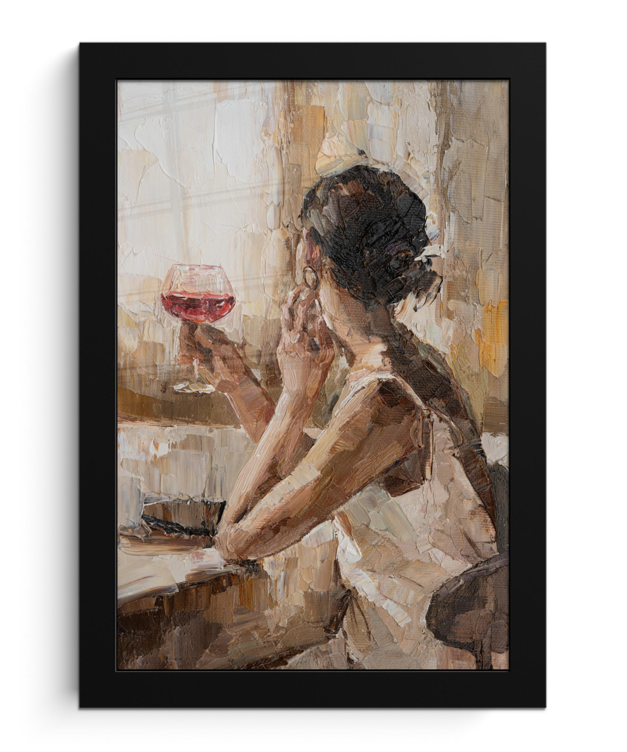 GERAHMTES BILD Ölgemälde - Frau - Wein 20x30 cm - Hellbraun, Papier (20/30cm) - MuchoWow