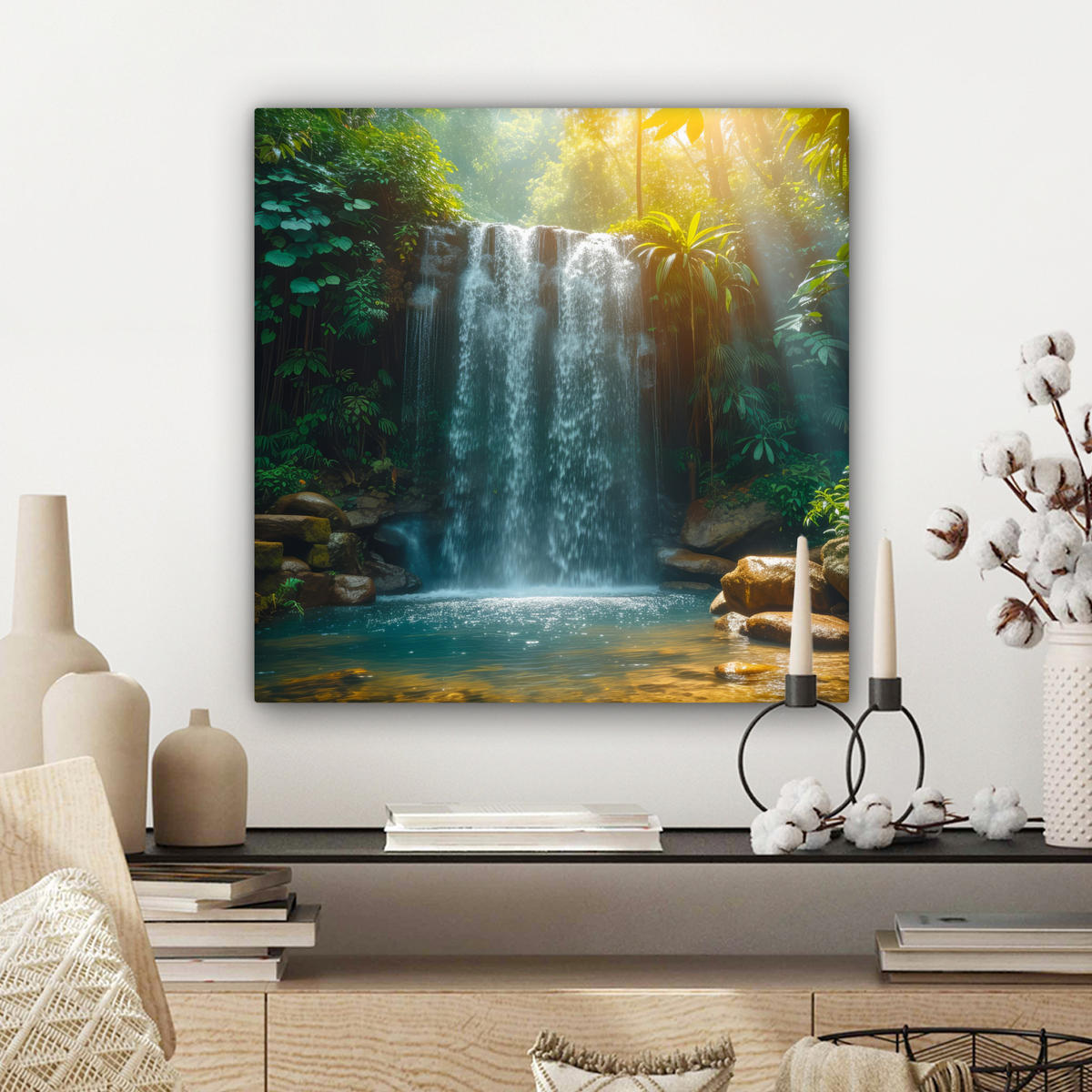 LEINWANDBILD Wasserfall - Dschungel - Sonne - Grün - Natur Wandbild Wohnzimmer 50x50 cm - Grün, Textil (50/50cm) - MuchoWow