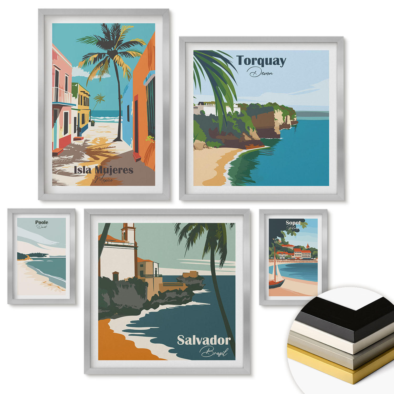 WANDBILDER 5er Set - 50x50 cm & 20x30 cm & 40x60 cm Silberner Rahmen - Retro-Ansichten von Städten auf der ganzen Welt - Silberfarben, Kunststoff (40/60cm) - ArtPrintCave