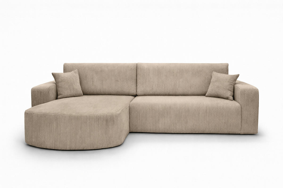 ECKSOFA Mit Schlaffunktion, Cordstoff Poso, Dunkelbeige, Links, ROUND ONE XL - Beige, Holz (271/175cm) - Kaiser Möbel