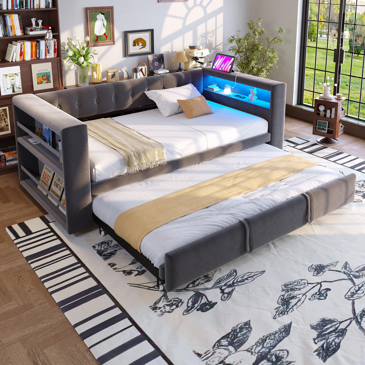 POLSTERBETT 90/180x190 cm LED USB dunkelgrau - Dunkelgrau, Textil (180/190cm) - Fortuna Lai