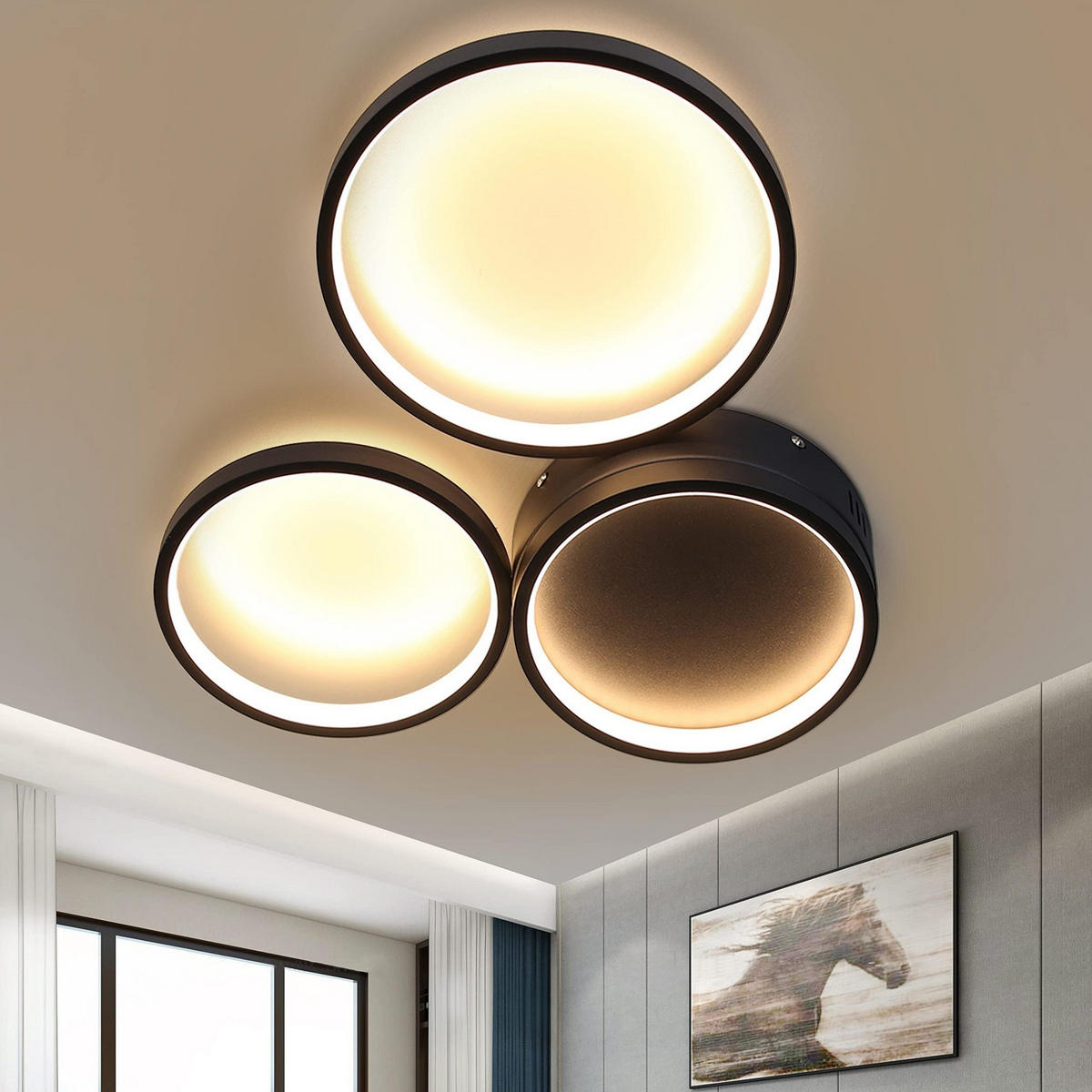 LED-DECKENLEUCHTE Dreiring 43.5/35.5/6 cm - Schwarz, Metall (43.5/35.5/6cm) - Nettlife