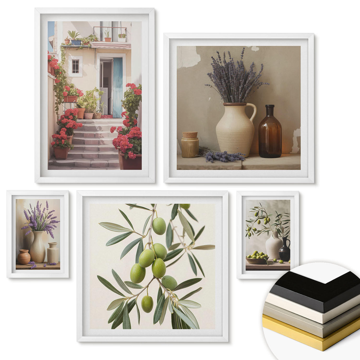 WANDBILDER 5er-Set - 50x50 cm & 20x30 cm & 40x60 cm Weißer Rahmen - Oliven in Keramikgrau - Weiß, Kunststoff (40/60cm) - ArtPrintCave