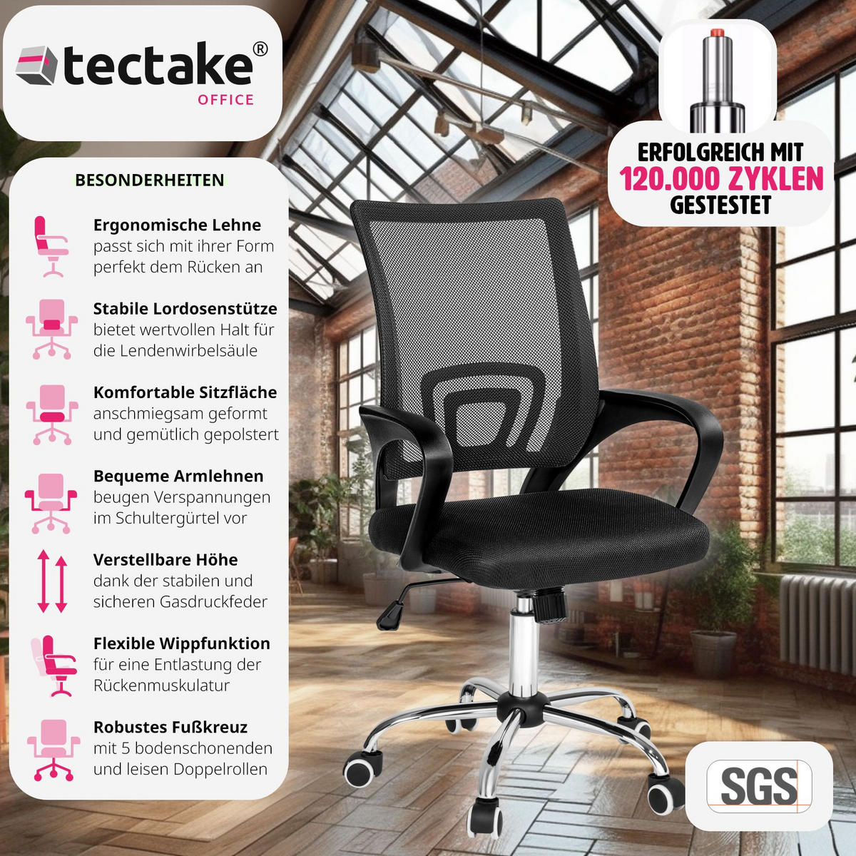 BÜROSTUHL Marius, stufenlos höhenverstellbar, schwarz - Schwarz, Textil (52/100/56cm) - tectake