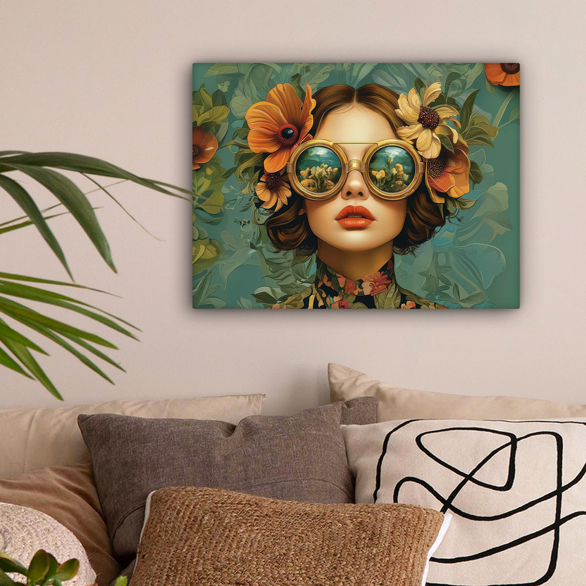 LEINWANDBILD Frau - Blumen - Schmetterlinge - Natur - Vintage Wandbild 40x30 cm - Salbeigrün, Textil (40/30cm) - MuchoWow