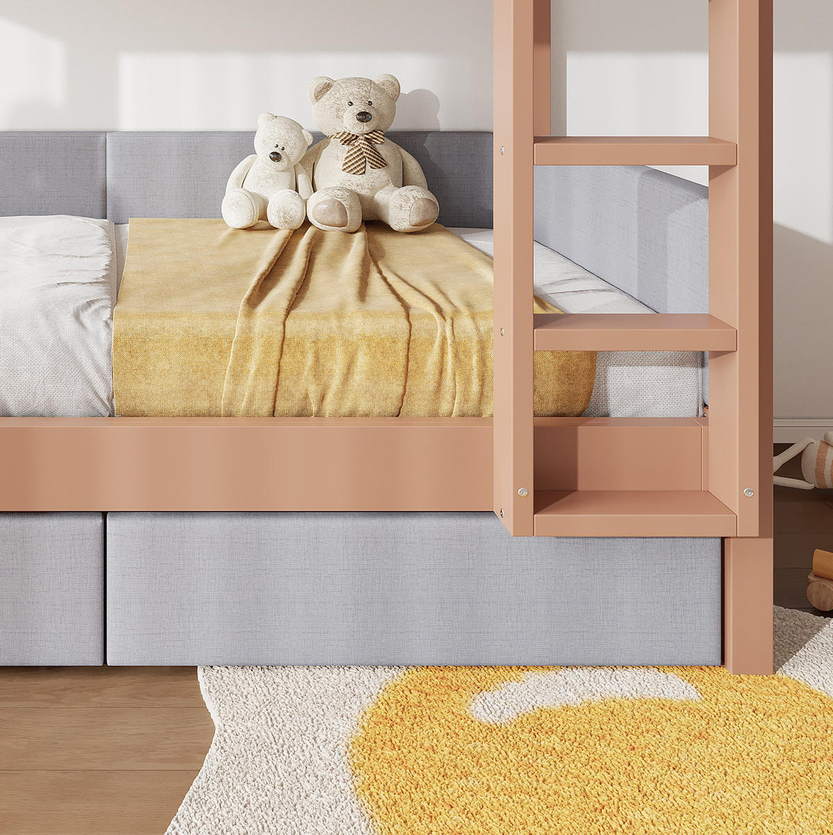 ETAGENBETT aus Kautschukholz und MDF 90x200 cm Grau/Natur mit Treppe und 2 Schubladen - Grau, Holzwerkstoff (90/200cm) - IVMEU
