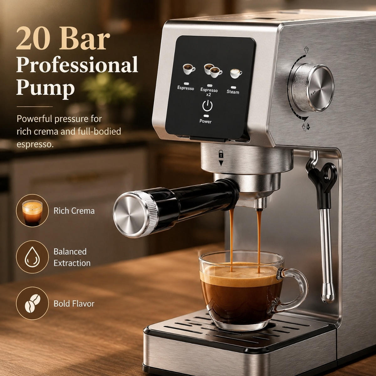 ESPRESSOMASCHINE 20 Bar, MIT TOUCHSCREEN UND MILCHAUFSCHÄUMER Heimische Küche - Schwarz, Metall (14.3/30.9/29.9cm) - Rolipo