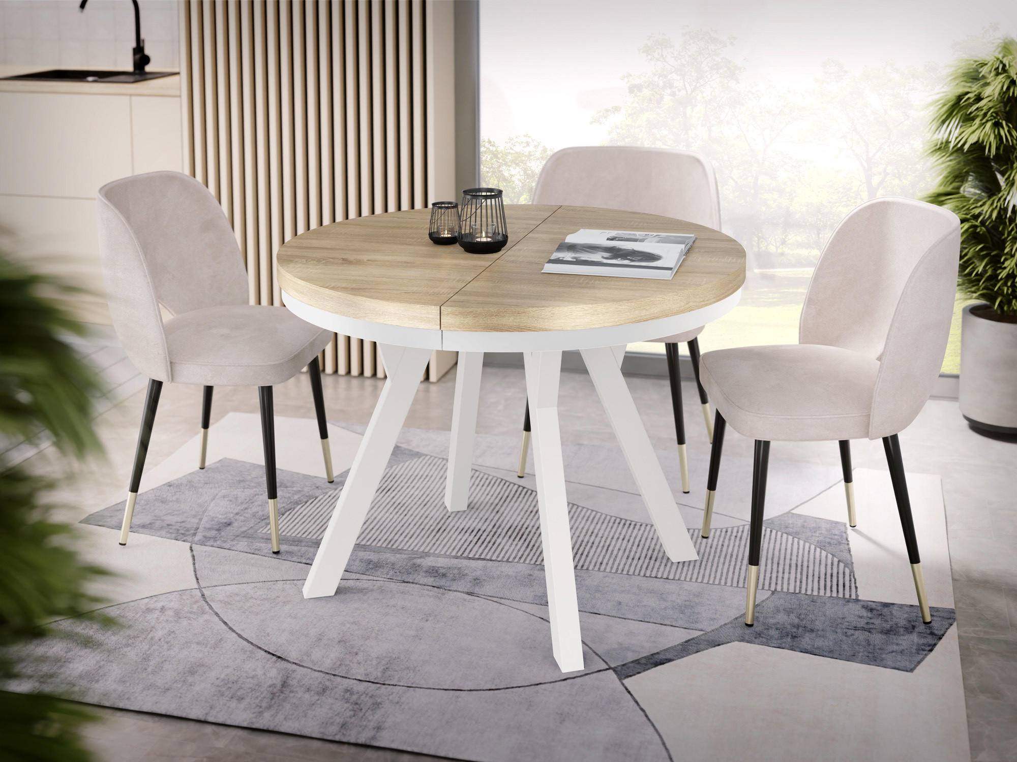 ESSTISCH Lume Weiß runder ausziehbarer, Sonoma Eiche 90-170/90/76 cm - Weiß/Sonoma Eiche, Holz/Holzwerkstoff (90/90/76cm) - WFL GROUP