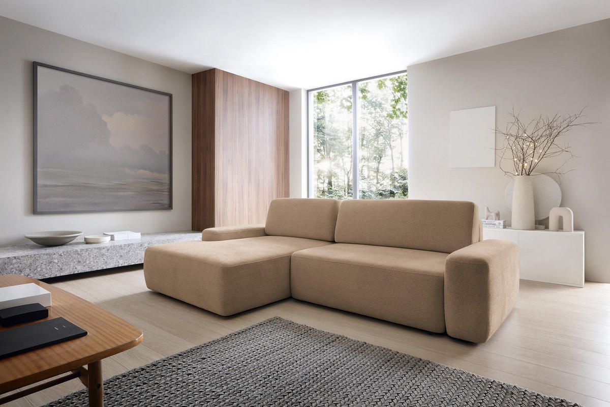 ECKCOUCH mit Schlaffunktion Orea M, 265 cm, Bettkasten, Links, Braun - Braun, Holz (264/162cm) - Emporius