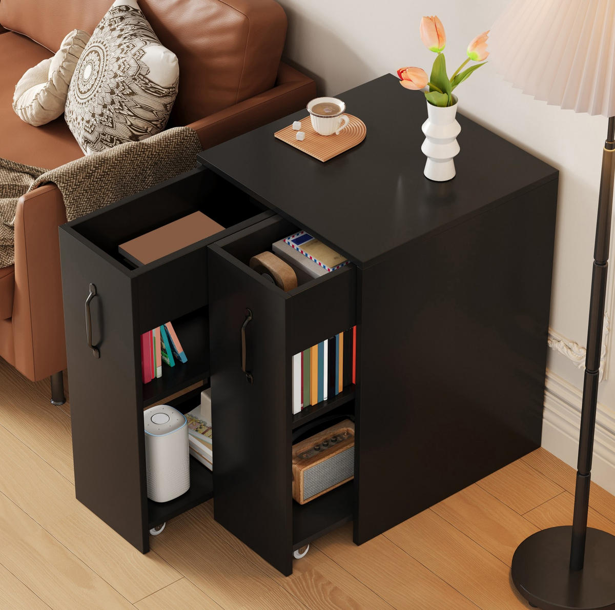 MOBILES Sideboard aus Spanplatte 52x50x75 cm Schwarz mit ausziehbaren Seitenelementen und Rollen - Schwarz, Holzwerkstoff (52/75/50cm) - IVMEU