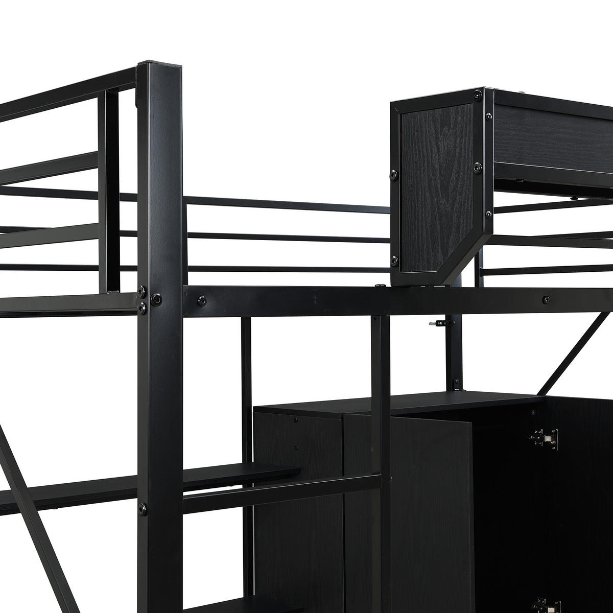 HOCHBETT aus MDF & Metall 140x200 cm in Schwarz mit Schreibtisch & Kleiderschrank - Schwarz, Holzwerkstoff (140/200cm) - Modfu