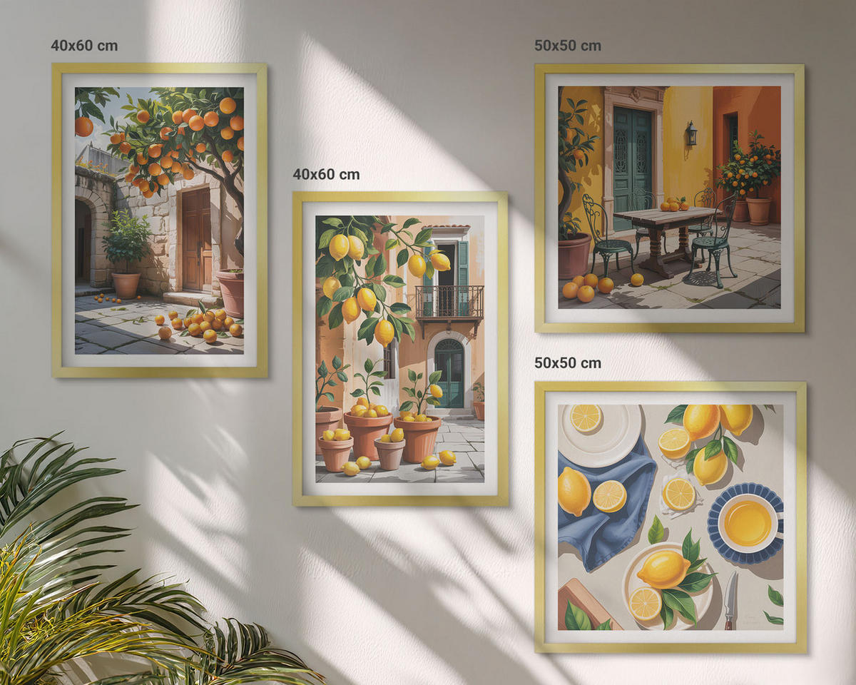BILDER SET 4er Set - 50x50 cm & 40x60 cm Goldrahmen - Zitrusbäume in einem sonnigen Garten - Goldfarben, Kunststoff (50/50cm) - TULUP