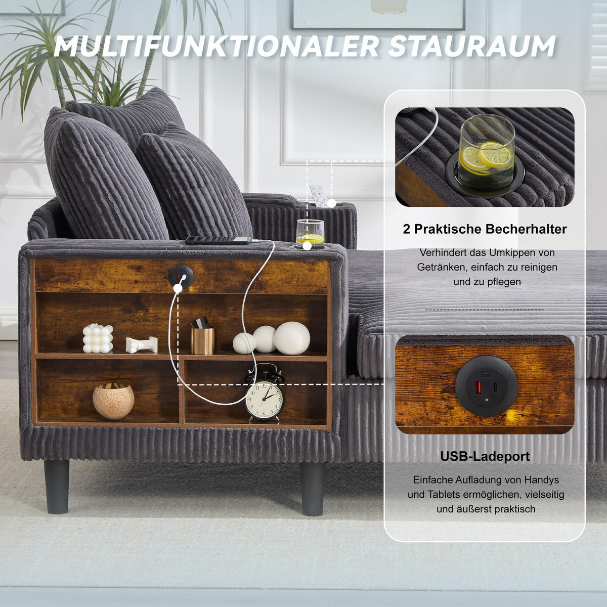 RELAXLIEGE XXL Polsterliege,Relaxsessel,Cord,Dunkelgrau - Grau, Textil (129/70/170cm) - LVHOM