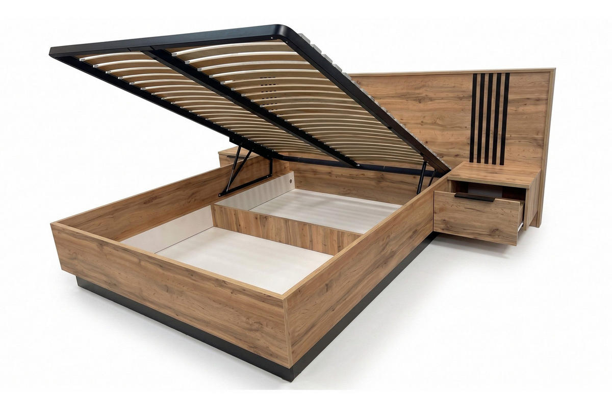 BETT LABOO LUX 160 / 200 cm in Eiche Wotan / Schwarz mit Lamellen - Eiche Wotan/Schwarz, Holzwerkstoff (160/200cm) - Deine Möbel 24