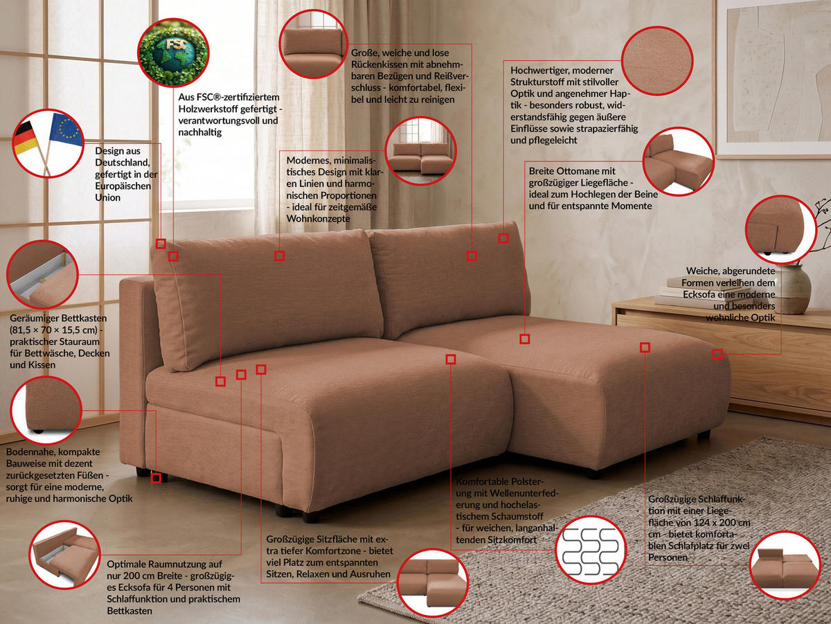 ECKSOFA Sora mit Schlaffunktion, Bettkasten und extra tiefer Komfortzone aus hochwertigem Terrakotta Strukturstoff - Terracotta/Schwarz, Holz/Kunststoff (200/140cm) - S-Style