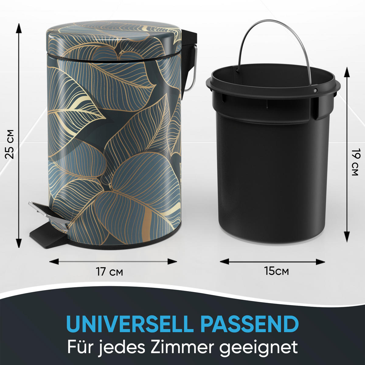 KOSMETIKEIMER Monstera - Dunkelgrün/Goldfarben, Kunststoff/Metall (17/25/25cm) - Sanilo