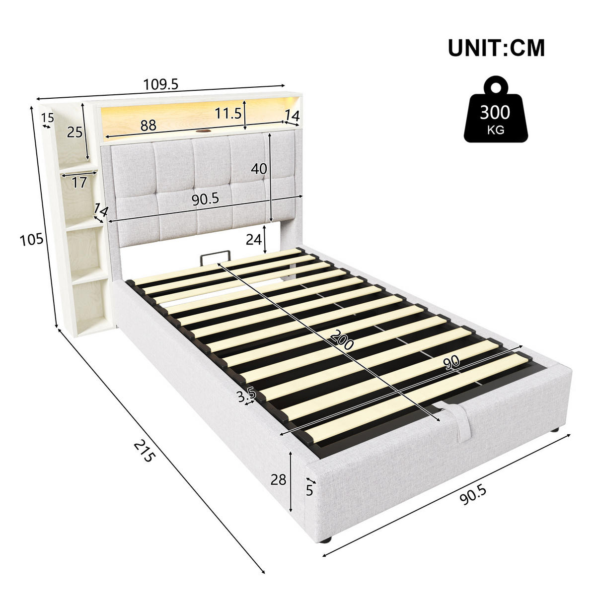 POLSTERBETT 90/200 cm Beige mit Stauraum, LED-Beleuchtung und USB- und Type-C-Anschlüssen - Beige, Textil (90/200cm) - Flora Grace