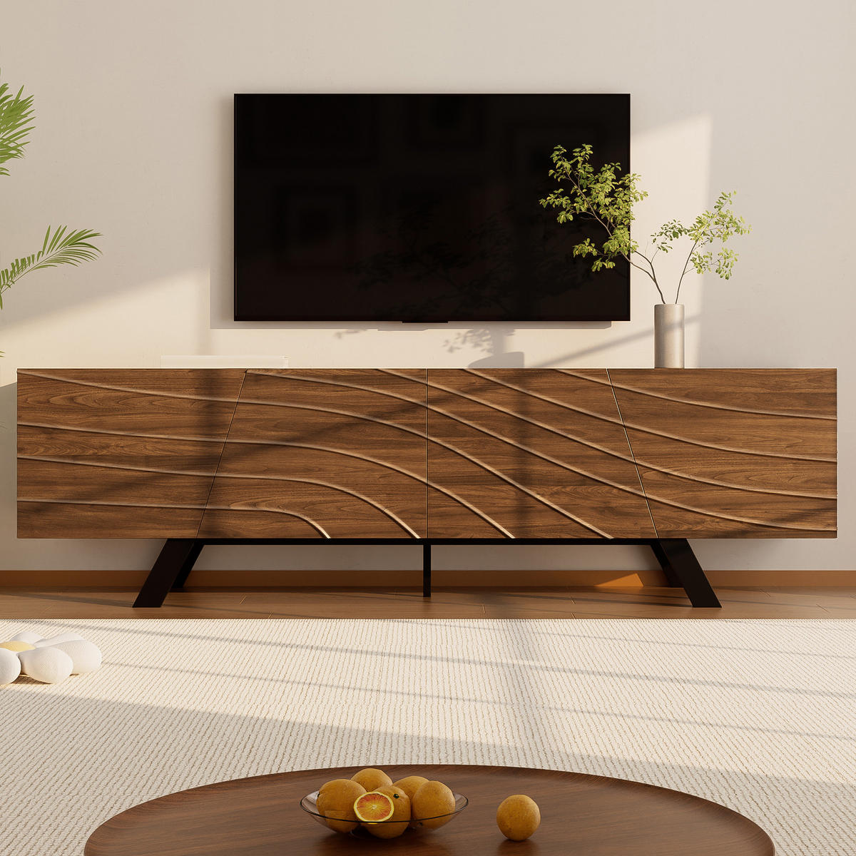 TV-SCHRANK 160x39x50.5cm Walnuss Wellenfront Eisenbeine Kabelmanagement - Walnussfarben, Holzwerkstoff (39/50.5/160cm) - FLIEKS