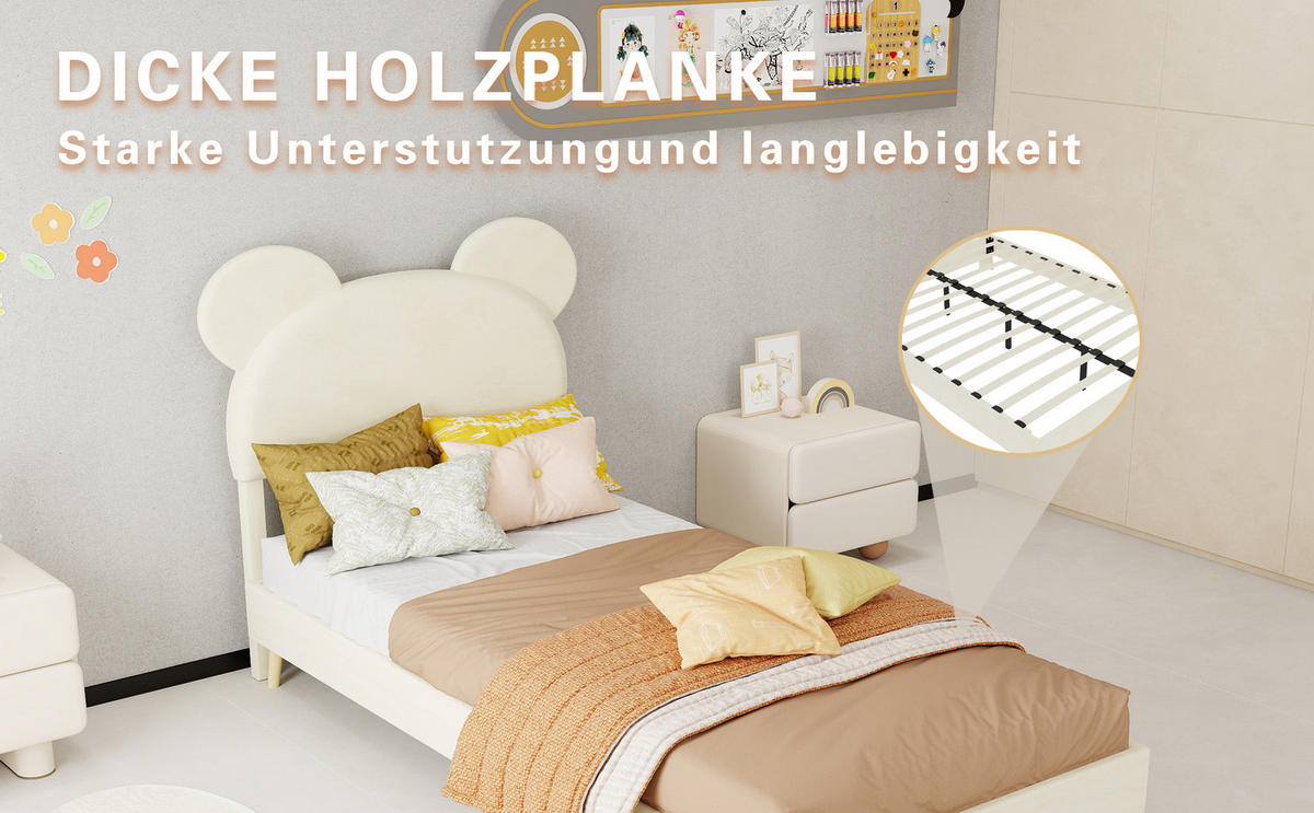 KINDERBETT 90/200 cm in Beige mit Bettkasten Stoff mit Cartoon-kopfteil - Beige/Naturfarben, Holzwerkstoff/Textil (90/200cm) - STILVORA