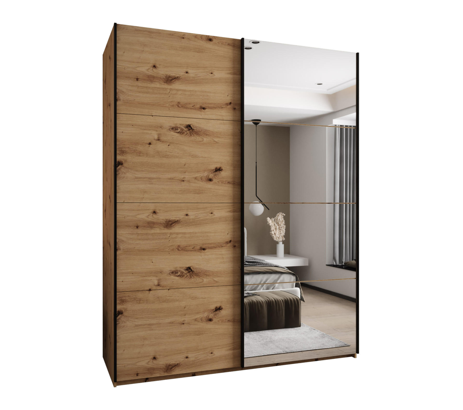 Abiks Möbel Schwebetürenschrank Eiche Artisan, Eiche Artisan, Schwarz 190x245x64 cm