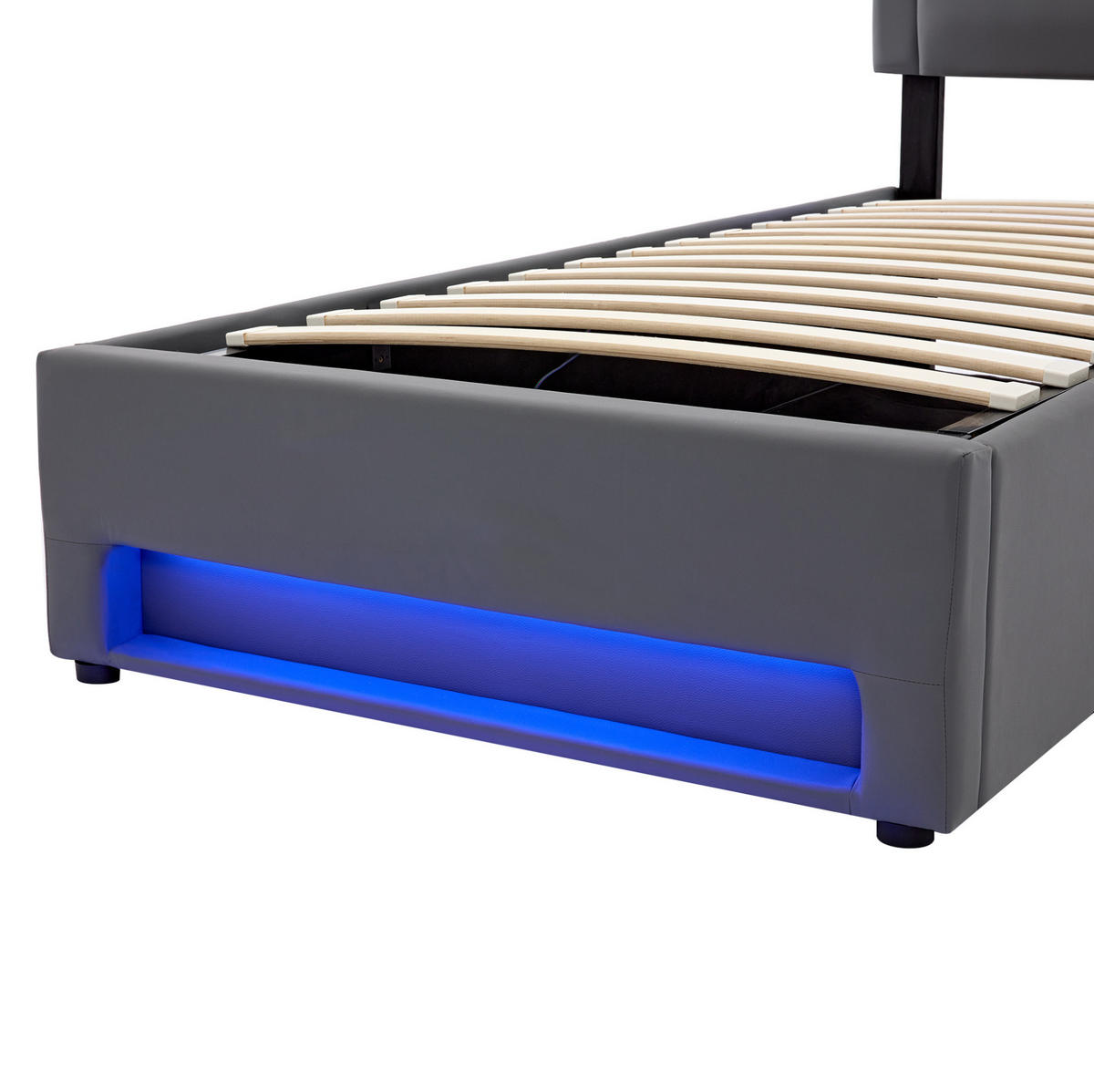 POLSTERBETT 90/200 cm mit USB-Ladefunktion, LED-Beleuchtung und Bettkasten, PU, Grau - Grau, Kunststoff (90/200cm) - Redom