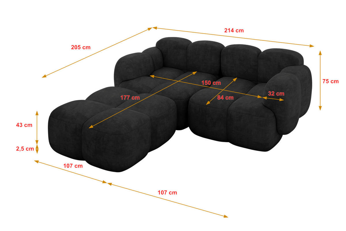 ECKSOFA modulares Sofa Links Miko-L1 214x205x75 Schwarz Velours - Schwarz, Holzwerkstoff/Kunststoff (214/205cm) - ALTDECOR