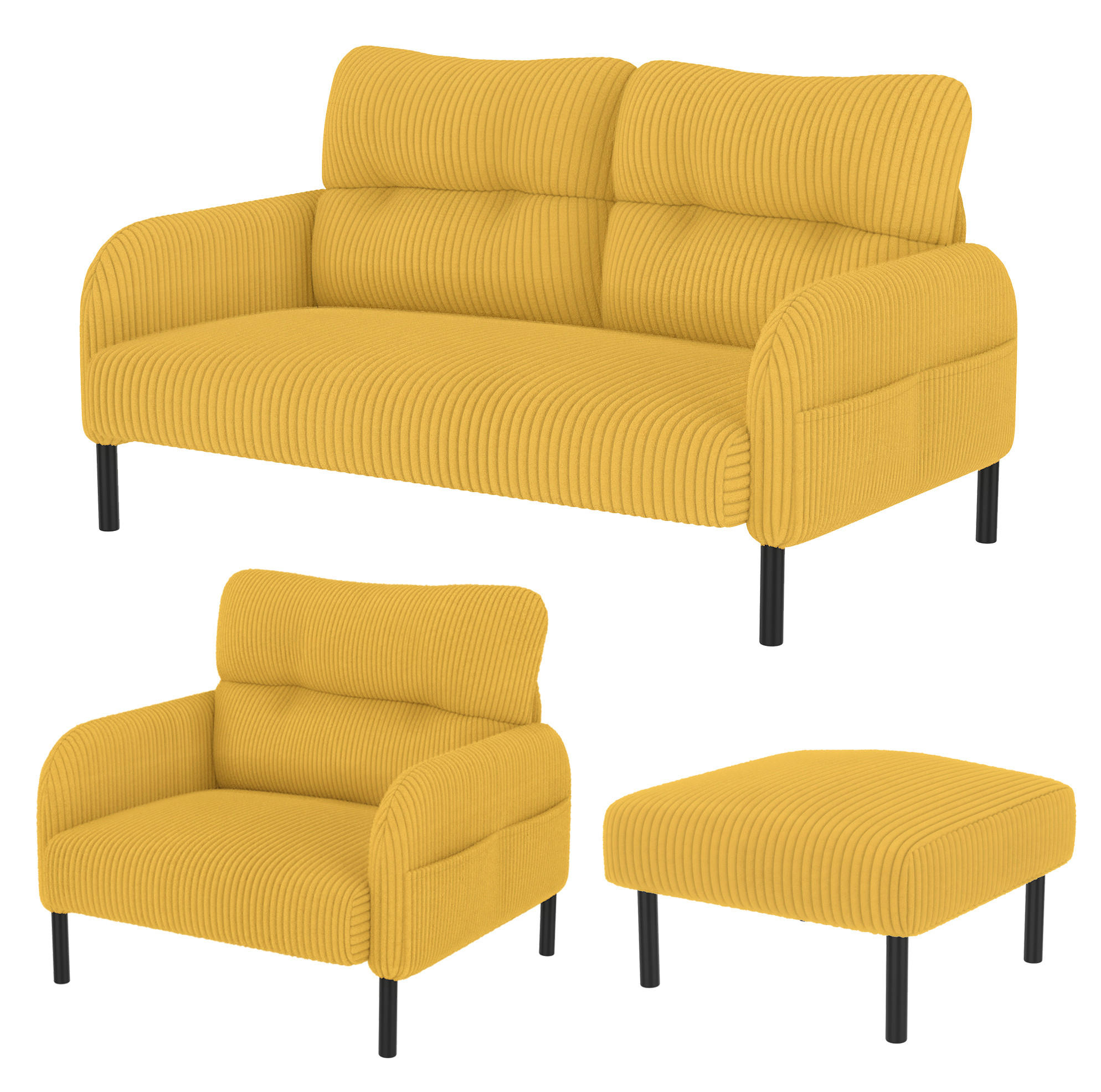SOFA-SET 3-tlg. mit Sessel und Hocker Cord Yellow - Gelb, Kunststoff (75/79/120cm) - Meubliv