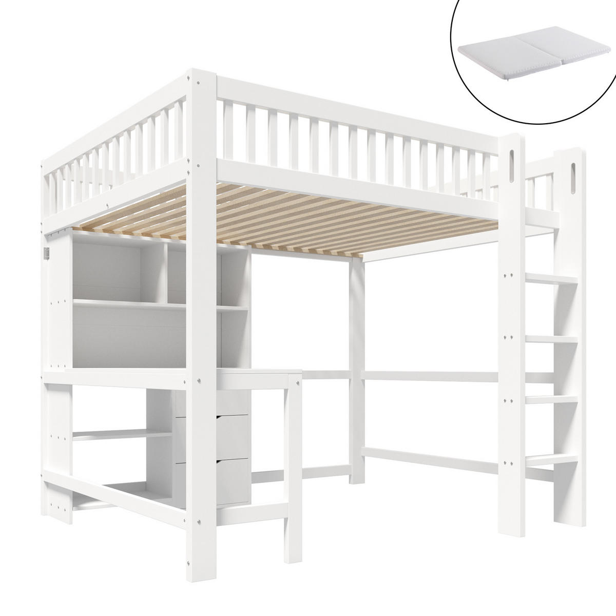 HOCHBETT 140/200 cm Weiß mit Schreibtisch und 3 Schubladen mit Matratze - Weiß, Holzwerkstoff (140/200cm) - OKWISH