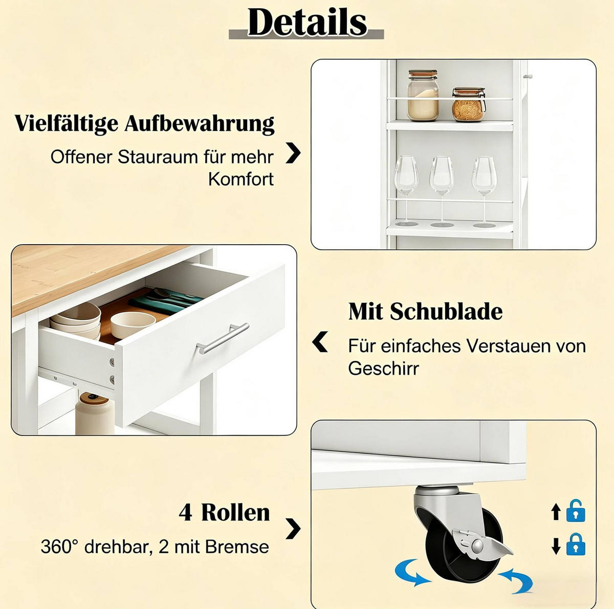 KÜCHENWAGEN mit Schublade 73 x 38 x 88 cm Weiß - Weiß, Holz (38/88/73cm) - Beauniv