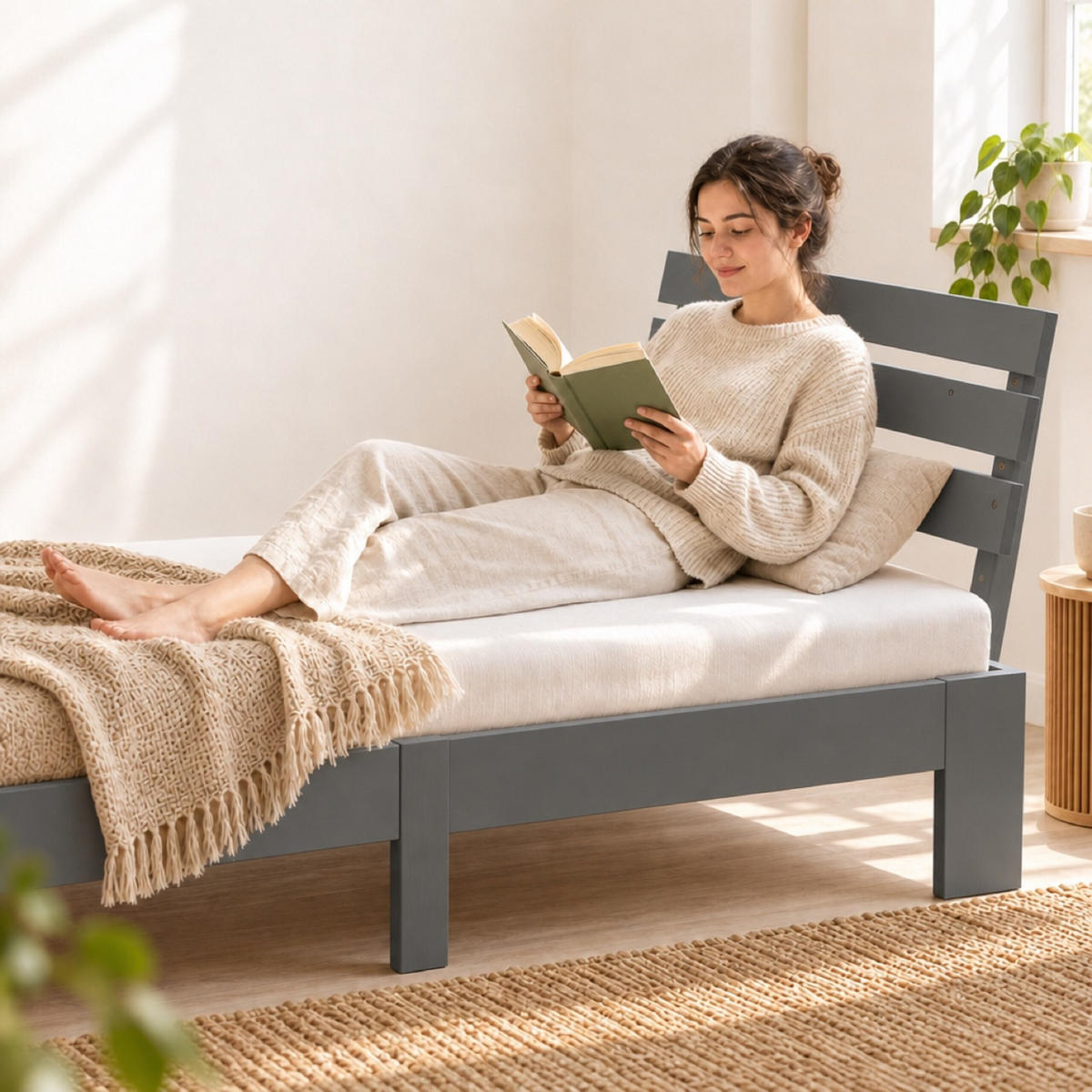BETT Grau Massivholz Kiefer mit Lattenrost 90x200 cm - Anthrazit, Holz - Relaxdays