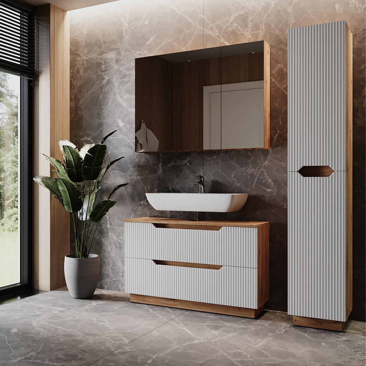BADMÖBEL-SET Lotta Eiche/weiß gestreift 3 Teile - Eichefarben/Weiß, Holzwerkstoff (99.4/62.5/32cm) - Vicco