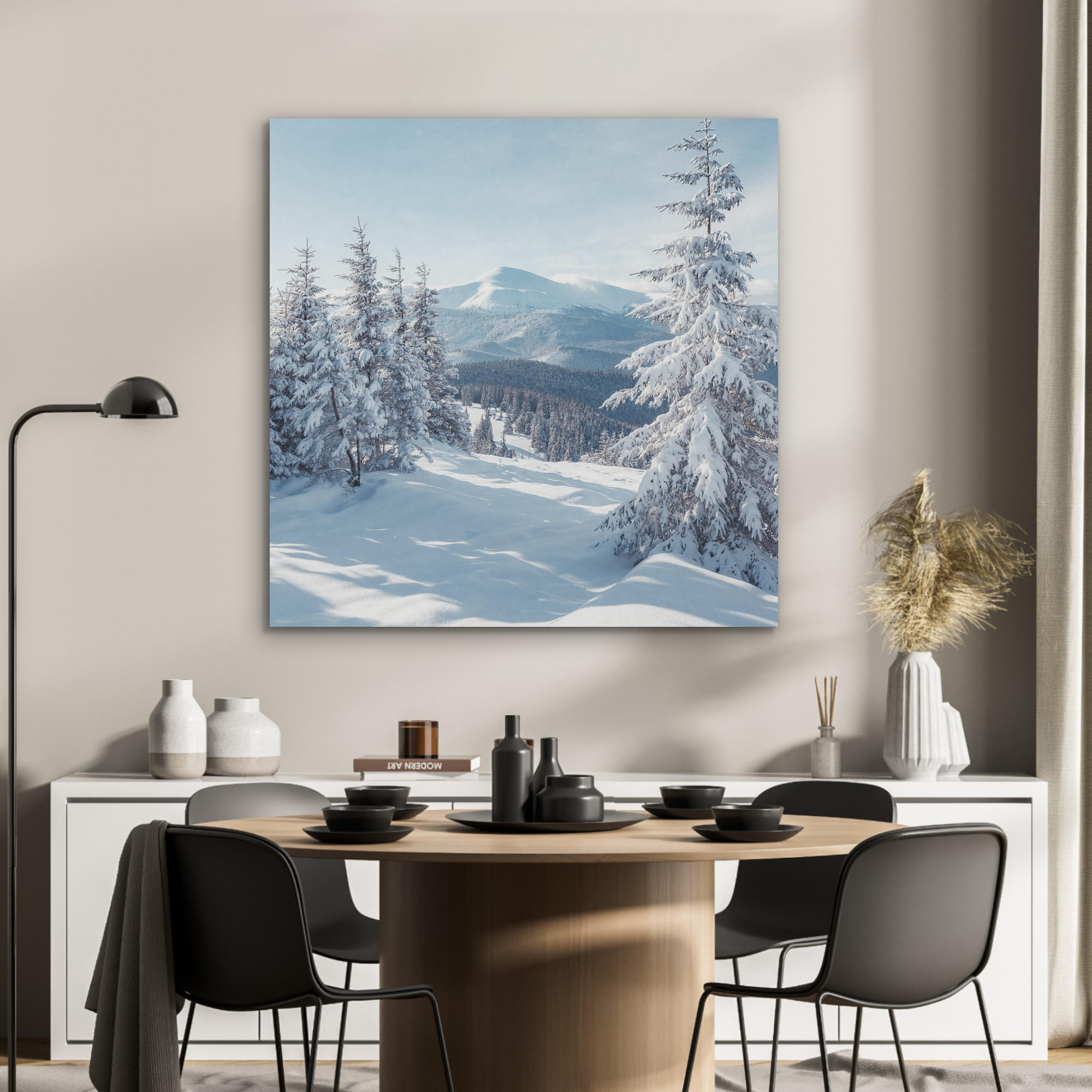 AKUSTIKPANEEL Winterlandschaft - Natur - Berge - Bäume - Schnee 90x90 cm - Hellblau, Textil (90/0.9/90cm) - MuchoWow
