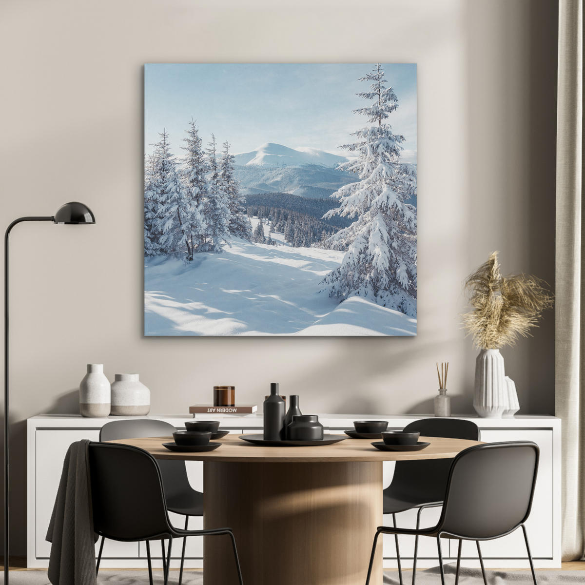 AKUSTIKPANEEL Winterlandschaft - Natur - Berge - Bäume - Schnee 90x90 cm - Hellblau, Textil (90/0.9/90cm) - MuchoWow